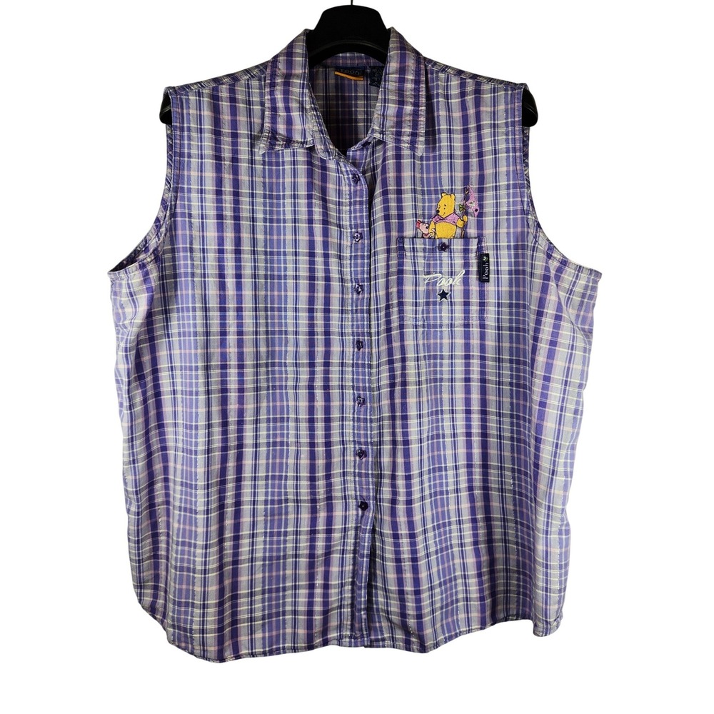 Vintage Disney Winnie the Pooh Sleeveless Plaid Shirt Purple 22W 24W Plus 3X